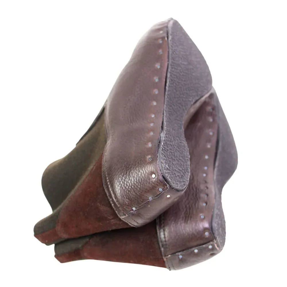 Vialis BROWN GENUINE LEATHER ELASTIC POINTED TOE WEDGE STUDS ANKLE BOOTS Sz 8